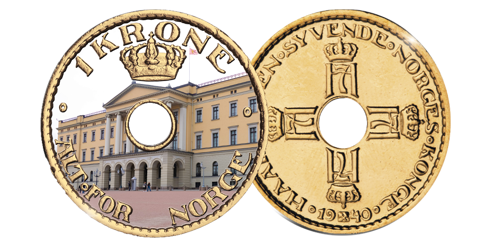 1 krone 1925-1951 belagt med gull og fargepreg av slottet