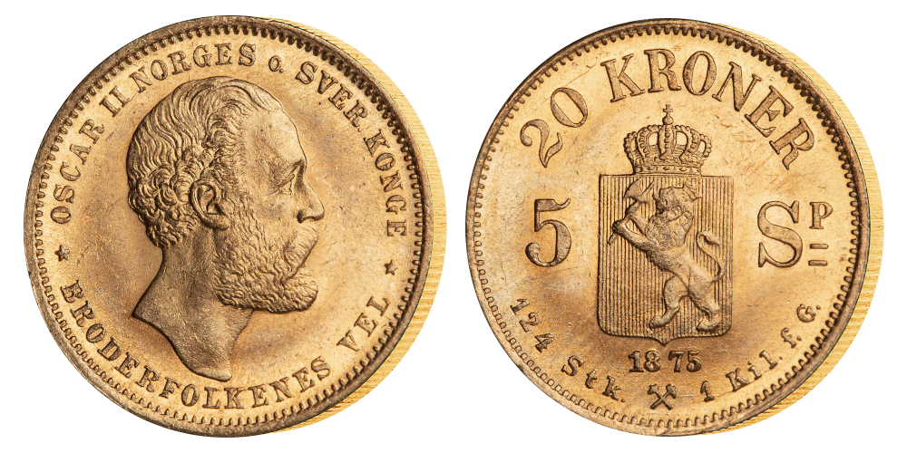 Norges første gullmynttype med kronevalør