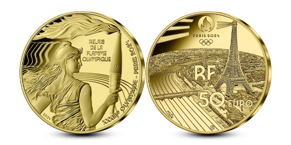 Advers og revers - Paris 2024 - Den olympiske flamme 50€ Proof gullmynt